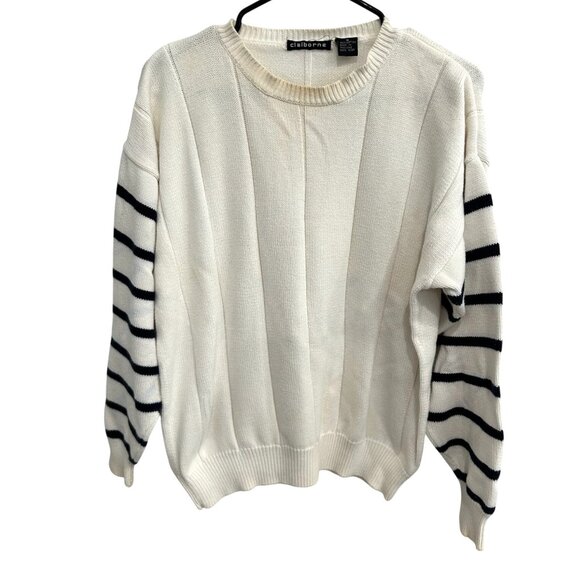 Vintage Claiborne Striped Sleeve Ivory Sweater Cotton Crew Neck Sz M - Picture 1 of 10